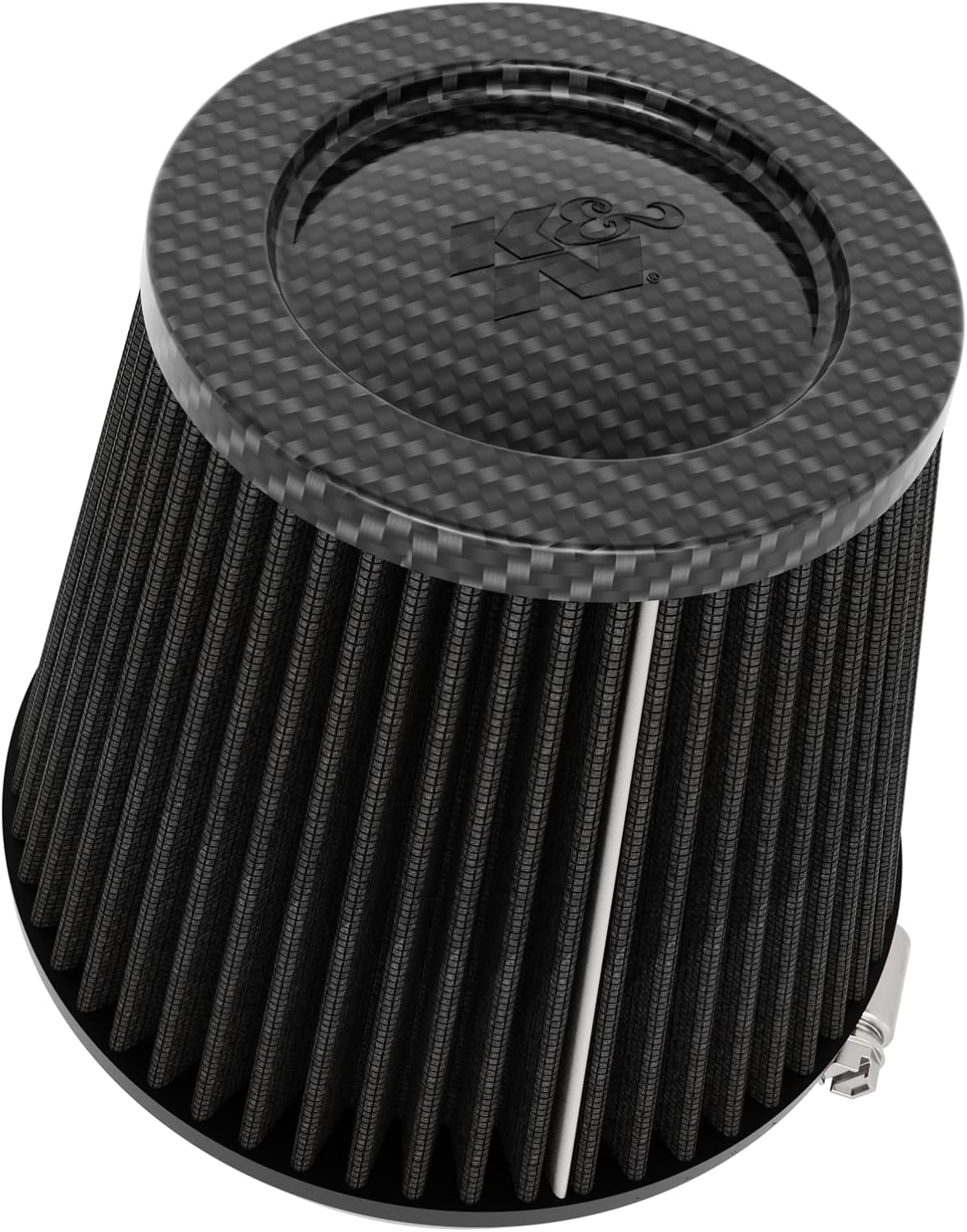K&N Universal Clamp-On Air Filter, Dry Synthetic, Carbon Fiber Top, Oil-Free, Flange Diameter: 5 In, Filter Height: 5.625 In, Flange Length: 1 In, Shape: Round Tapered, RP-3134HBK