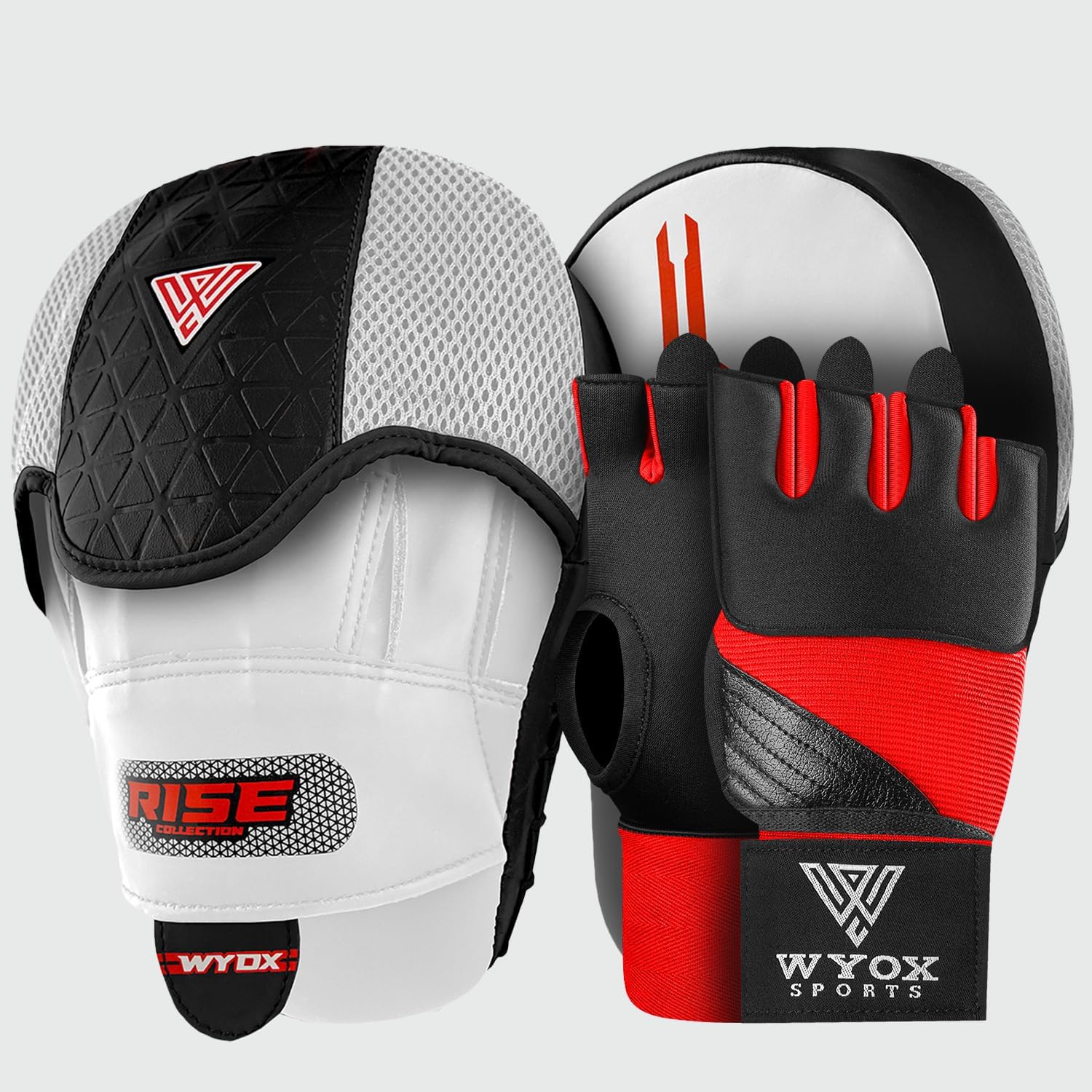 WYOX Gel Boxing Hand Wraps & Curved Focus Mitts Bundle for Men & Women Adults – 80cm Wrist Straps, Padded Knuckle Support, Neoprene Inner Glove Gel Padding, MMA Muay Thai Kickboxing Training Pads