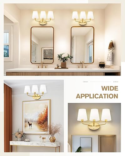 Miniatura 5 de Emak VL132-BGD-WF-3 - Lámpara de tocador de 3 luces, accesorios de baño dorados cepillados con pantalla de tela blanca acampanada, apliques de baño
