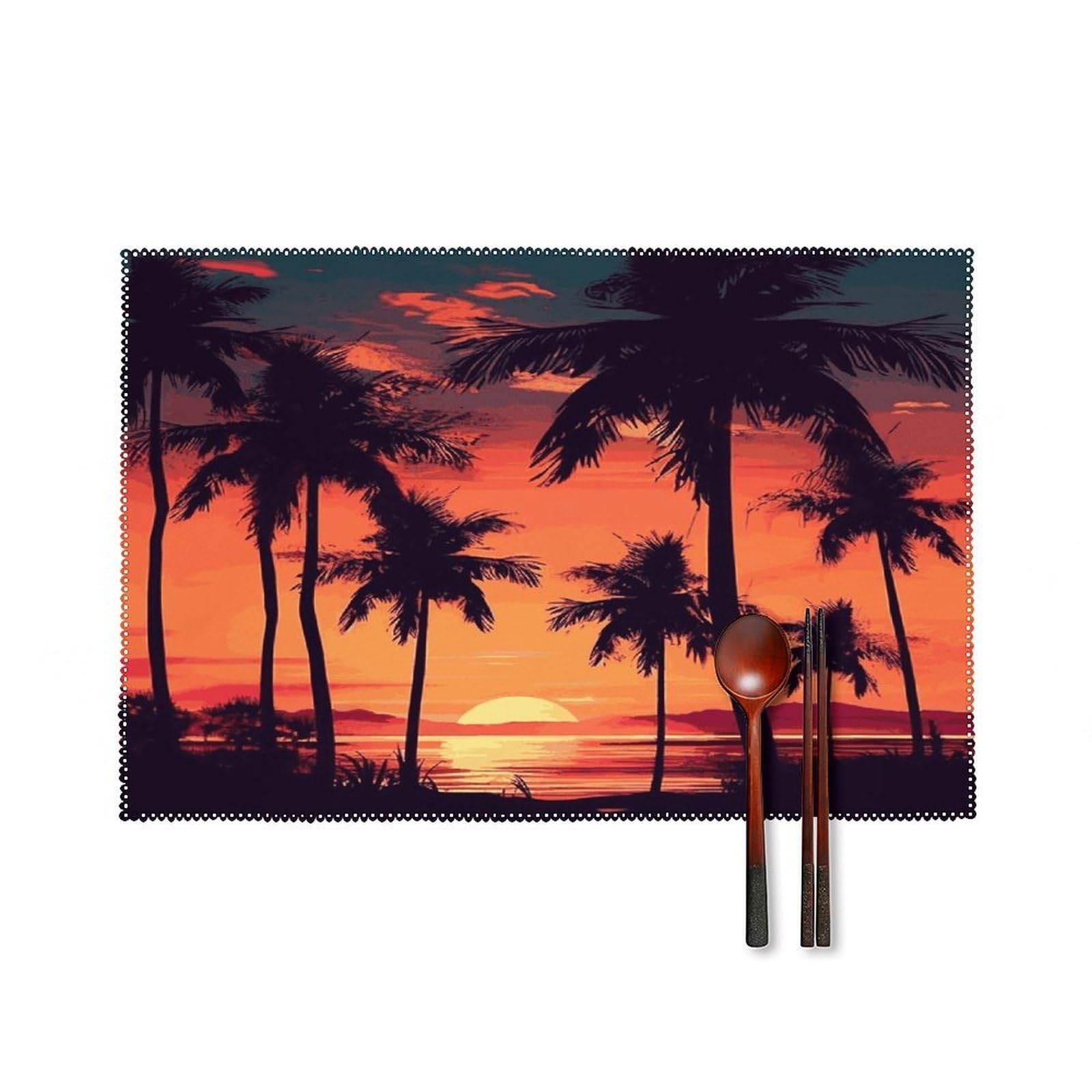 Palm Tree Summer Sunset Placemats Set of 4 Canvas Place Mats Non-Slip Heat Resistant Table Mats Washable Waterproof Placemat Wipeable Tablemats for Kitchen Dining Decor Place Mat