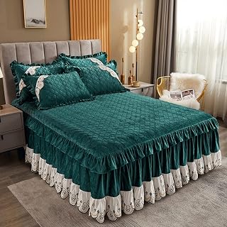 XYSQ Falda de cama Colcha 3PCS Juego de ropa de cama Funda de colchón europea Colchas Sábana bajera para niña Funda de cama King Queen Size Twin Bed California King (Color : Verde oscuro, Tamaño: