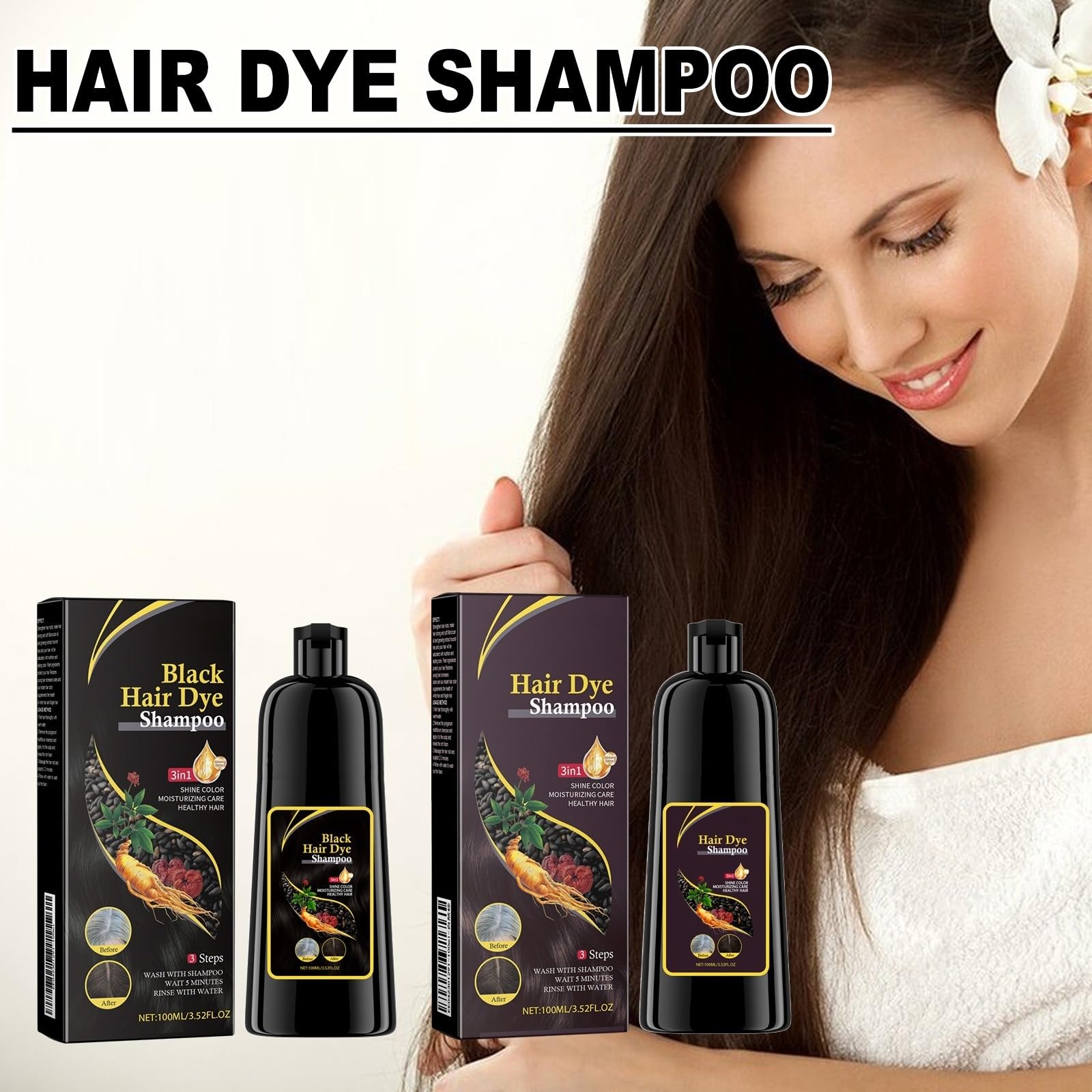 Szampon barwnikowy 100ml, szampon barwiący 3 w 1, dla mężczyzn i kobiet | Polygonum multiflorum (He Shou Wu) Farba do włosów 3 w 1 Czarny szampon do farbowania brązowego