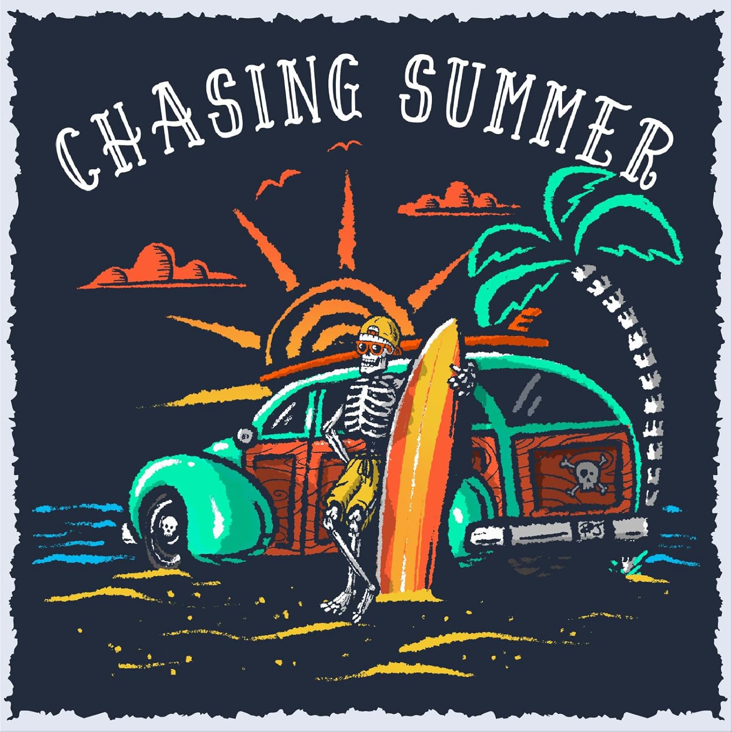 Salty Bones Chasing Summer Woody Car Sunset Surfer Beach Graphic T-Shirt, 100% Ringspun Cotton, Classic Fit, Printed in USA - Image 3