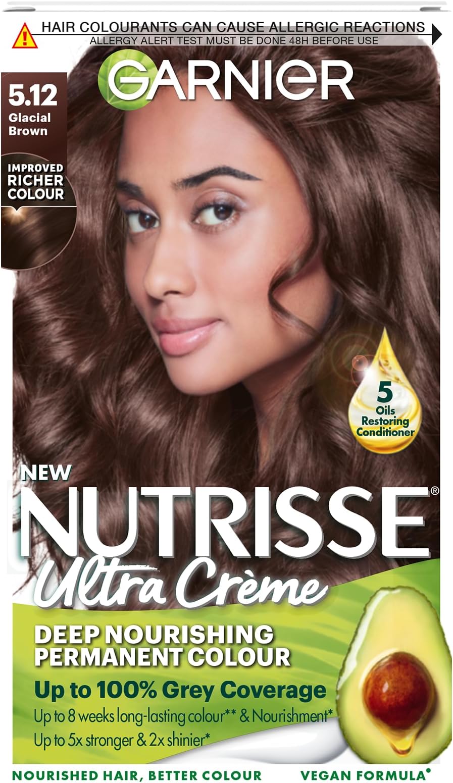 Nutrisse Ultra Crรจme Vegan Hair Dye, 5.12 Glacial Brown. Offers 100% grey coverage and cool, sophisticated 8-week colour. This no-ammonia, vegan formula cares for your hair while coloring.