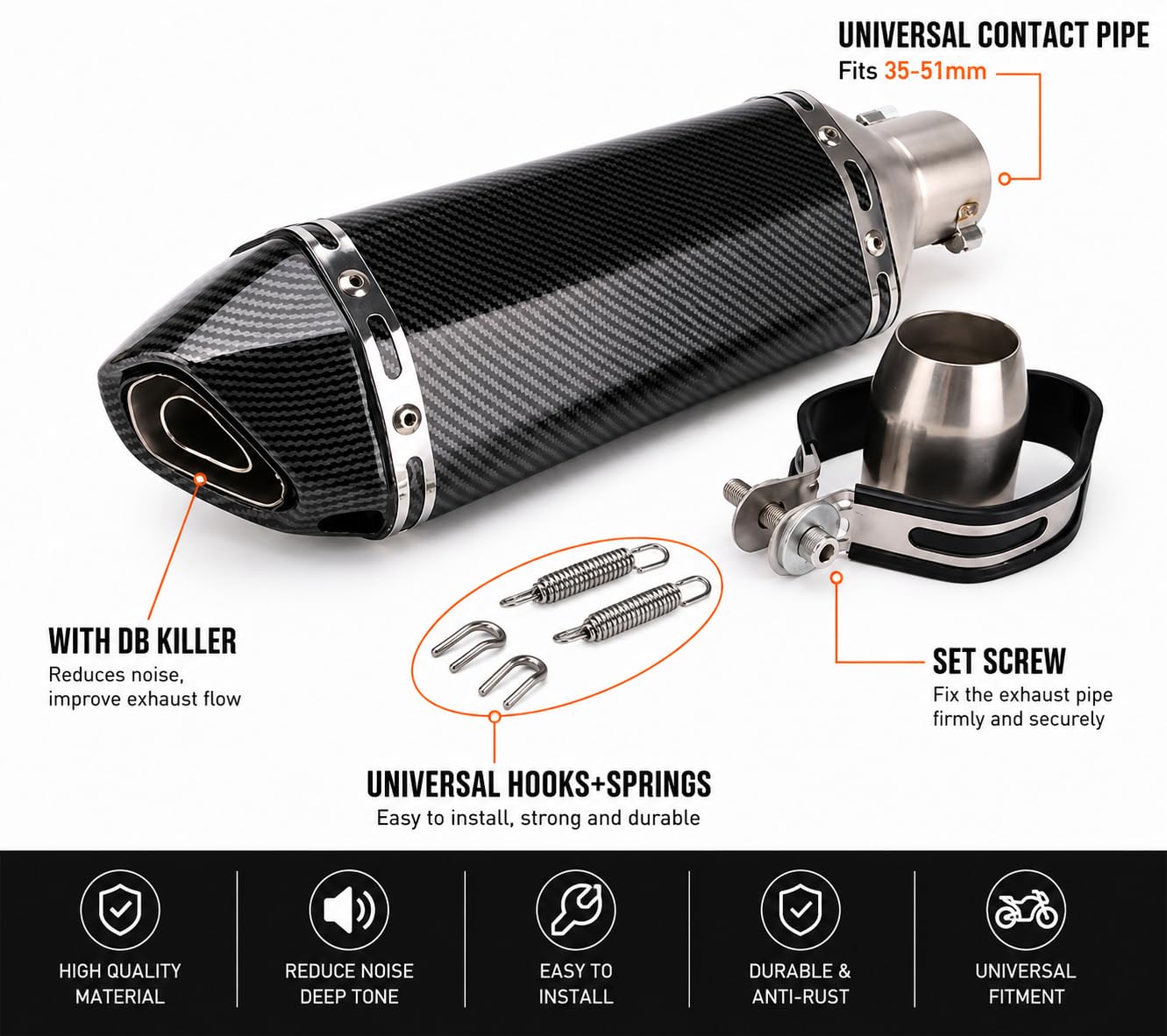Universal Motorrad Auspuff Schalldämpfer 51mm Edelstahl, Slip-On Endschalldämpfer mit Montagesatz, kompatibel mit FZ6N R1 R3 R6 NMAX TMAX 800