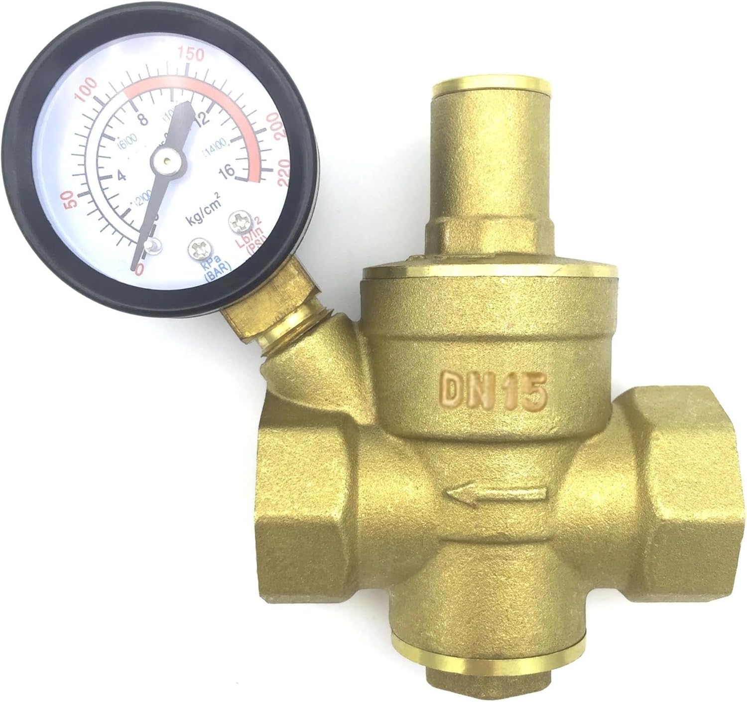 DN15 brass pressure reducing and maintaining valve 1/2" regulator adjustable pressure relief valve pressure gauge suitable for water, oil and gas valves(Size:Without Gauge)