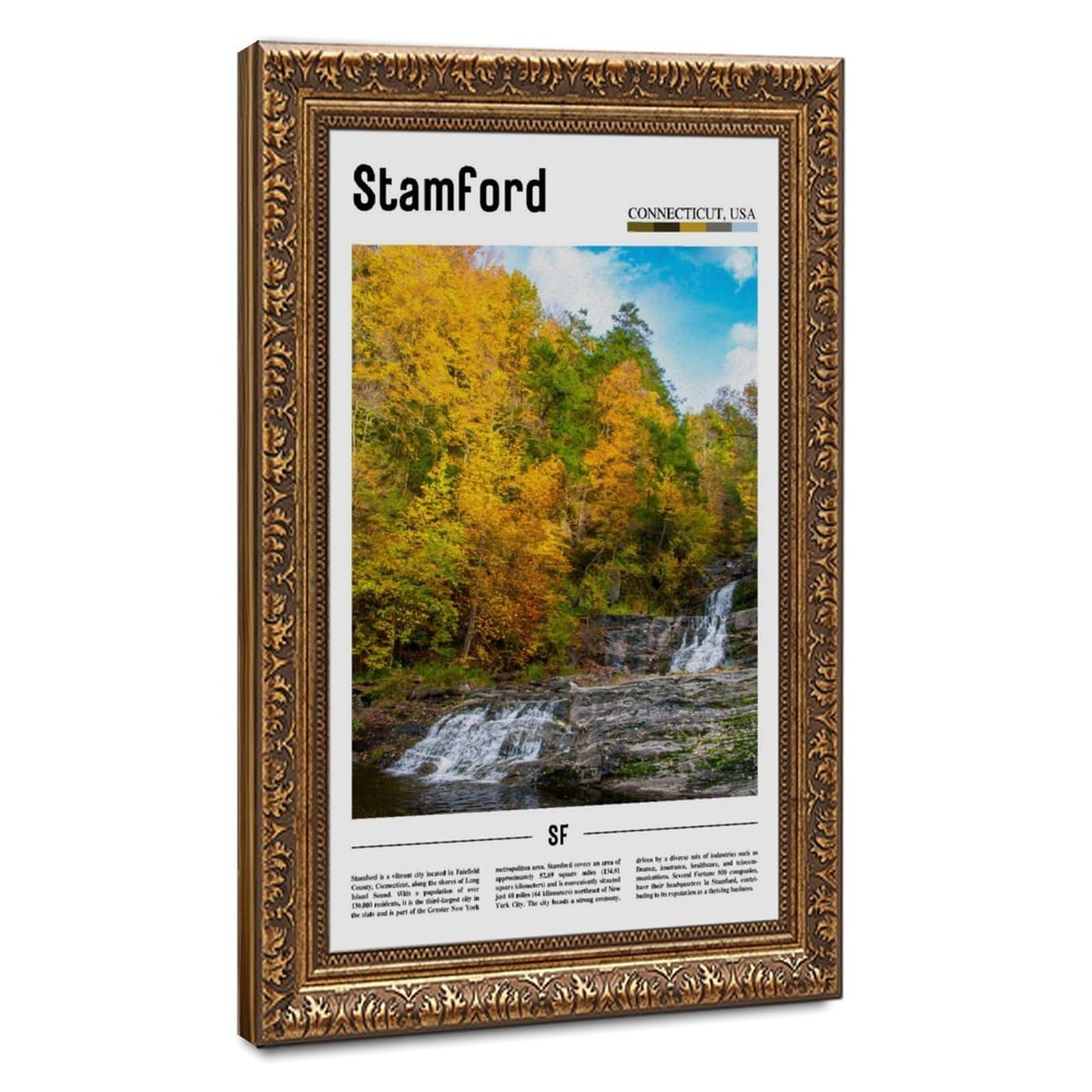 Wcyb Retro Gold Frame Stamford Connecticut Usa The United States Of America Scenery Travel Prints Posters Canvas Deco Paintings Wall Art For Office Hangable Frame 16" L X 24