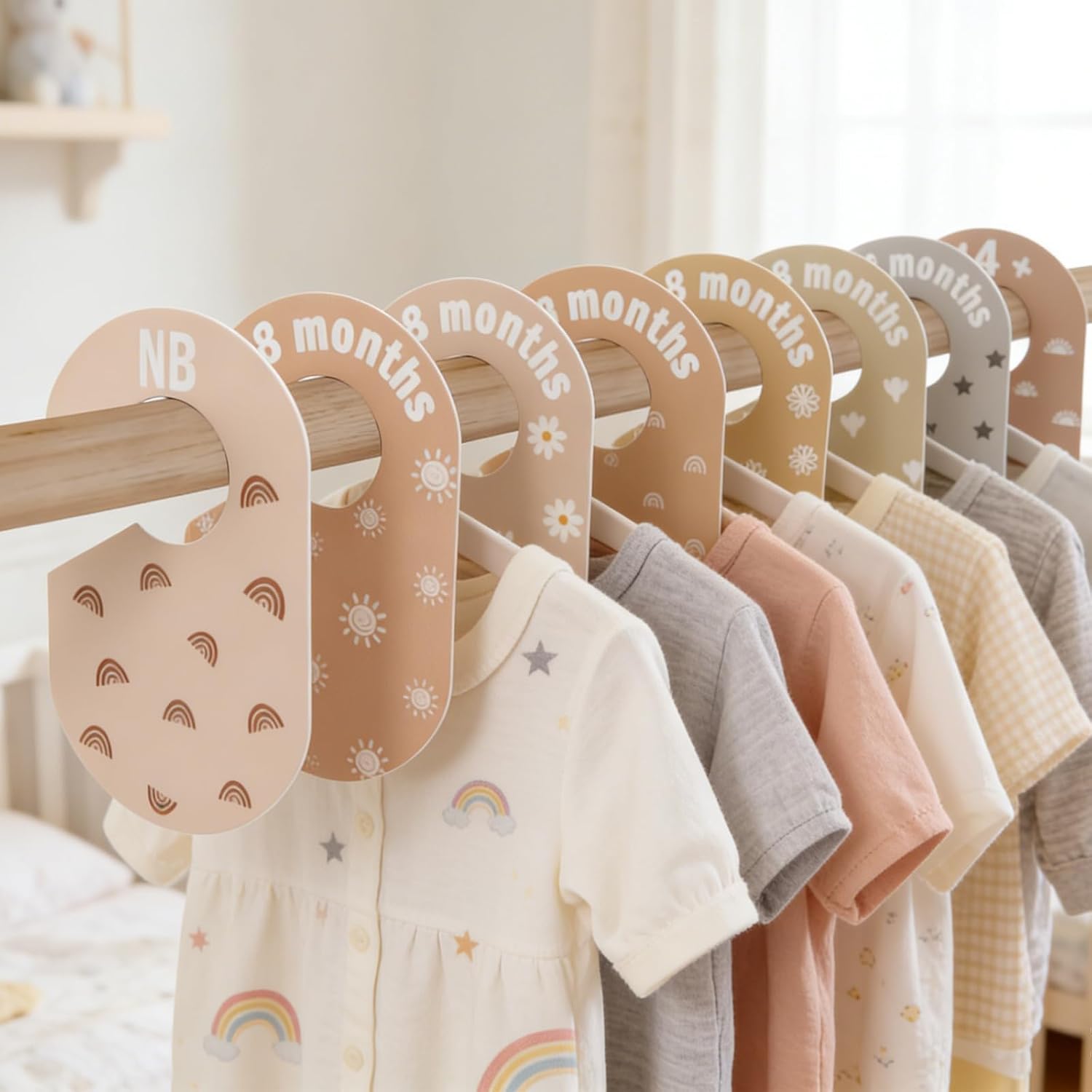 16Pcs Baby Closet Dividers Double-Sided Baby Closet Organizer, Nursery Closets Dividers for Sorting 8 Sizes, Nursery Decor Hanger Divider From Newborn to 24 Months, Fits 1.5" Rod