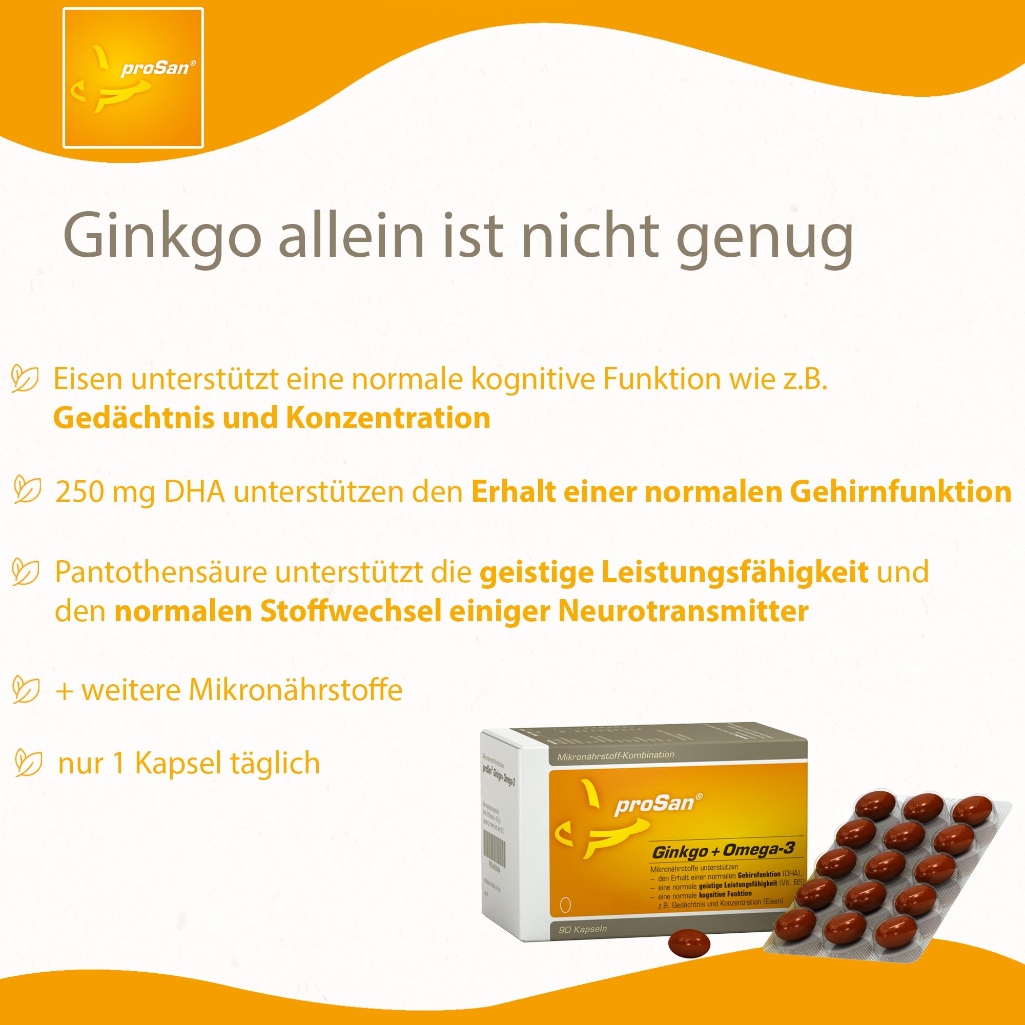 proSan Ginkgo+Omega-3 (3-Monatspackung: 90 Kapseln) | Gedächtniskapseln bei Vergesslichkeit, Ginkgo-biloba + Omega-3-Fettsäuren DHA & EPA, 7 weitere gehirnaktive Mikronährstoffe