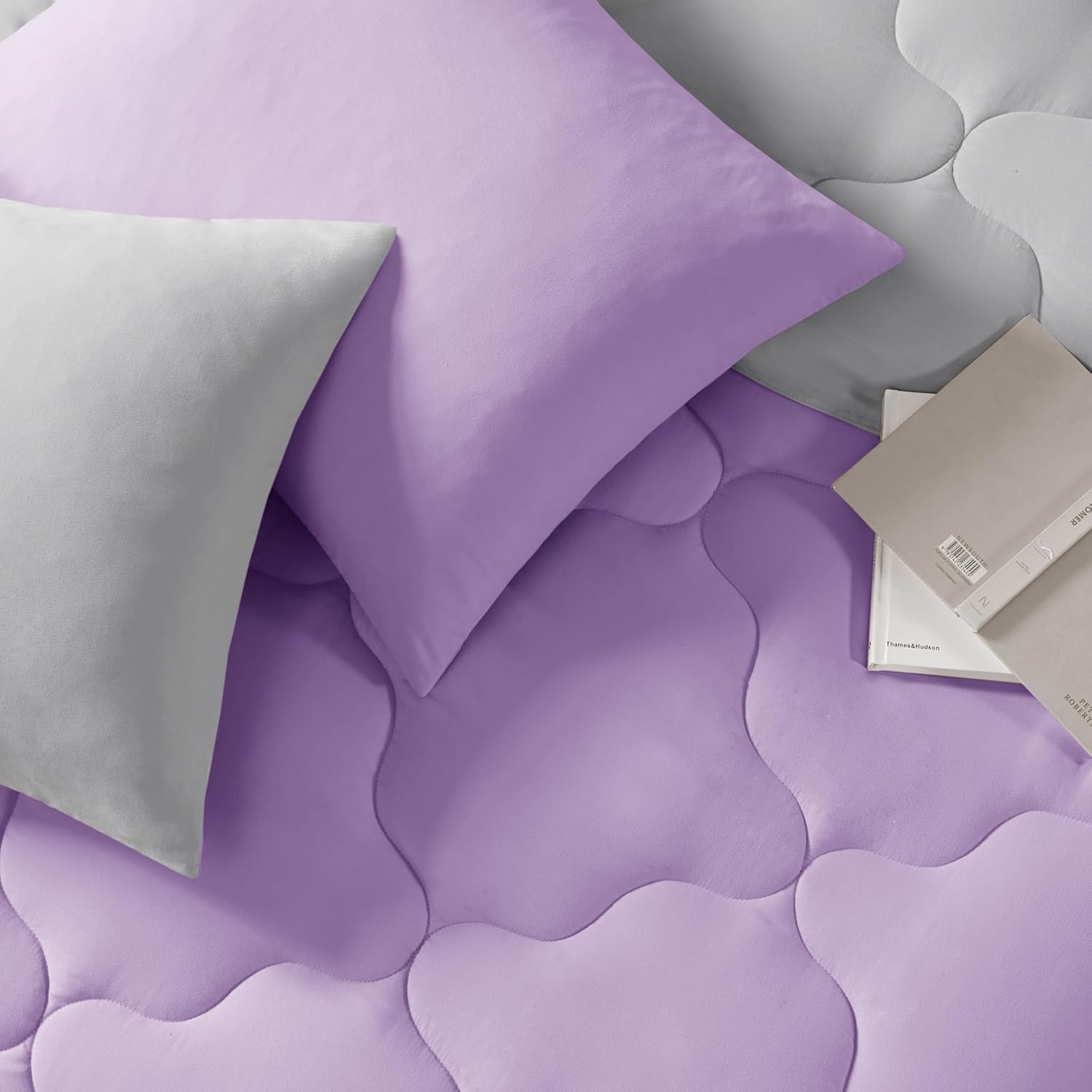 Comfort Spaces Vixie Reversible Comforter Set - Trendy Casual Geometric Quilted Cover, All Season Down Alternative Cozy Bedding, Matching Sham, Lavender/Gray, Full/Queen 3 piece