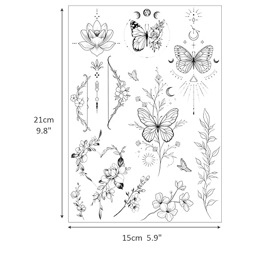 Miniatura 3 de glaryyears Más de 100 tatuajes falsos temporales negros para mujeres, hombres y adultos, diseño de serpiente mariposa, sol, luna, planetas,