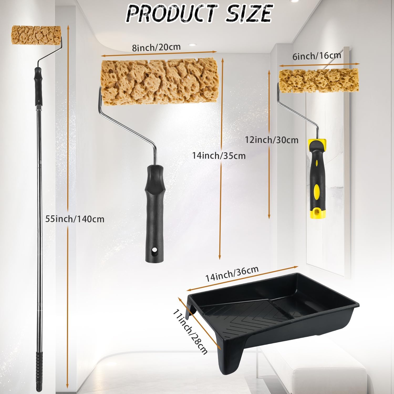 Sea Sponge Texture Roller for Painting, 6+8"Sponge Paint Roller+ 4FT Pole
