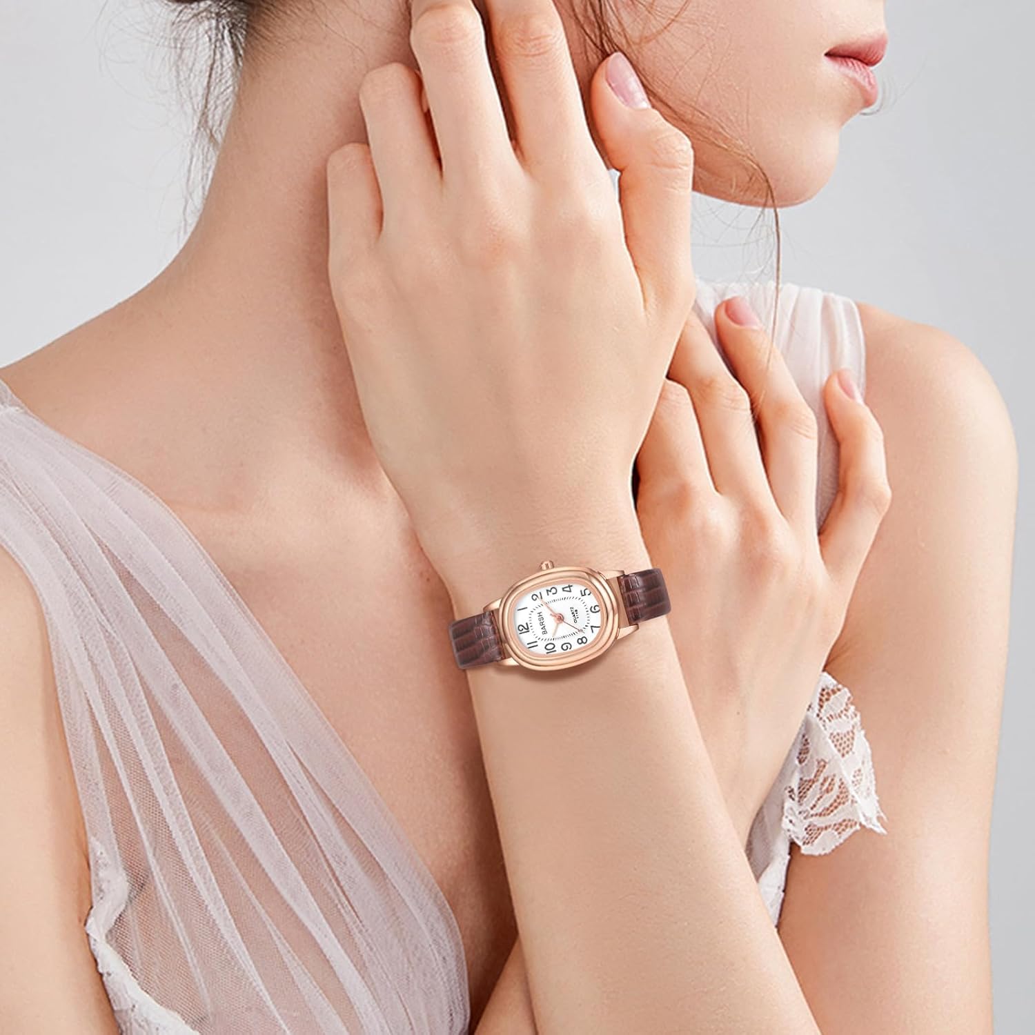 JewelryWe Women’s Oval Leather Watches: Simple Petite Analog Quartz Classic Casual Wristwatch arabic numbers - brown image 2 of 7 B0DCVPV14K