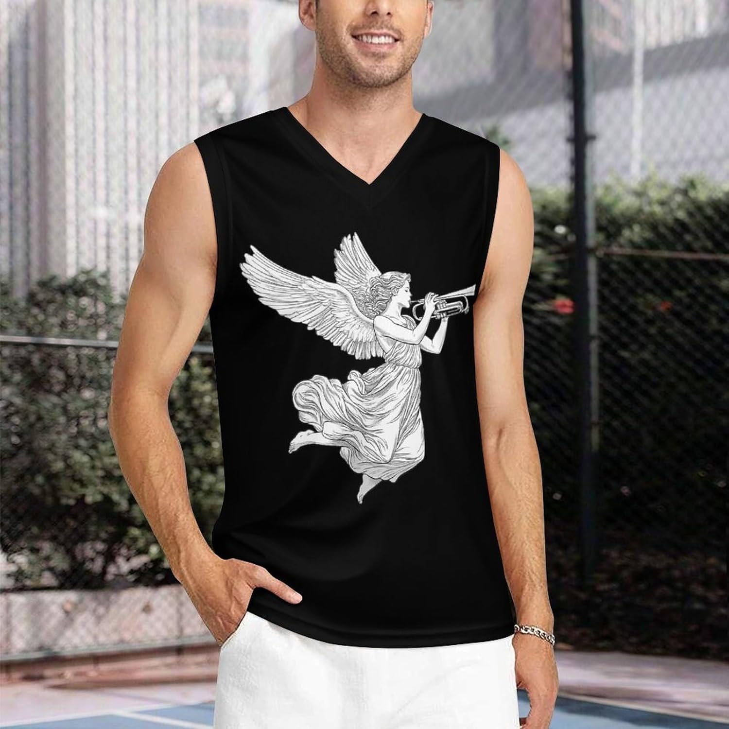 Flying Angel with A Trumpet Men's V-Neck Basketball Tank Top Sleeveless Workout Tank Shirts Gym Fitness Tees Vest