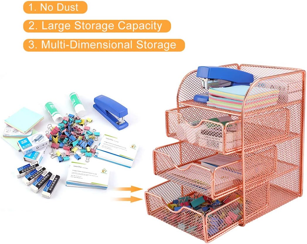 PAG Rose Gold Desk Organizer Stick Note Holder Mesh Office Supplies and Accessories Storage Caddy with 3 Drawers