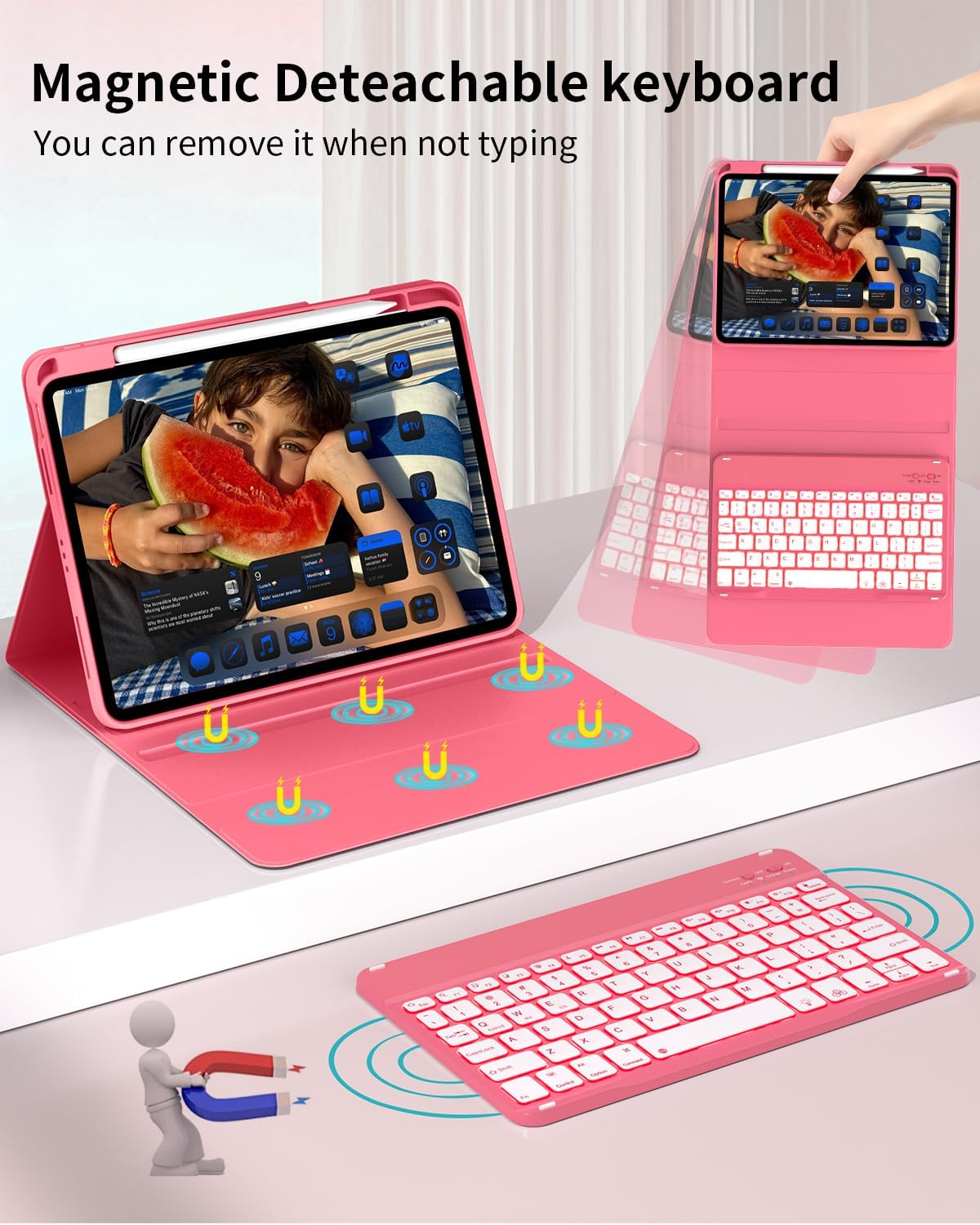 Case with Keyboard for iPad (A16) 11th / 10th Generation 11 inch 2025/10.9 inch 2022, 7 Colors Backlit Detachable Keyboard, Stand Folio Keyboard Cover with Pencil Holder, Pink - Image 4