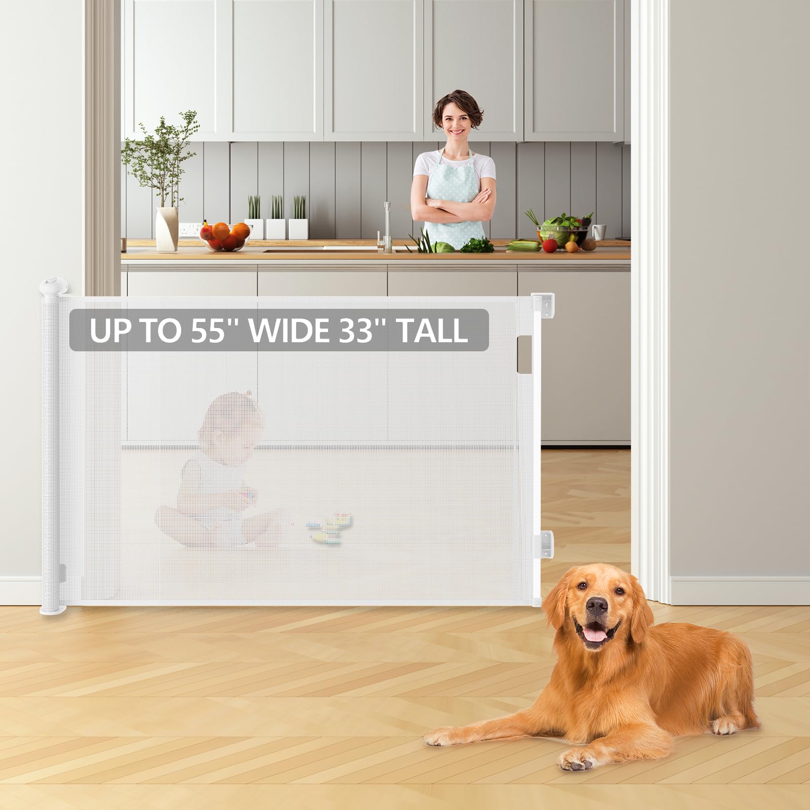 Retractable Baby Gates Dog Gates, Sturdy Mesh Safety Child Gate, 33" Tall Extends up to 55" Wide Extra Long Sliding Gate for Doorway Hallway Stair Porch Gates for Kids or Pets Indoor Outdoor
