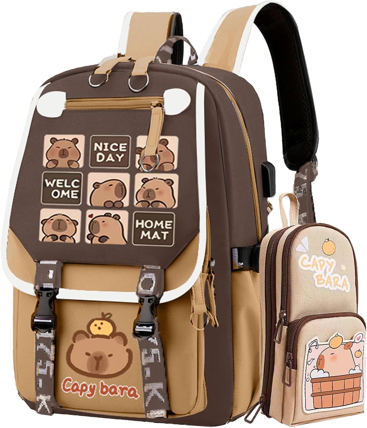 Cute Pink Capybara Backpack with Chic Case and More Pins Ita Bag Kawaii Cartoon Large Capacity Mochila De Capybara (Brown2)