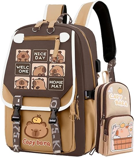 Cute Capybara Backpack - Large 28L Kawaii Cartoon Backpack With Flap, Kapibara Mochila Bag