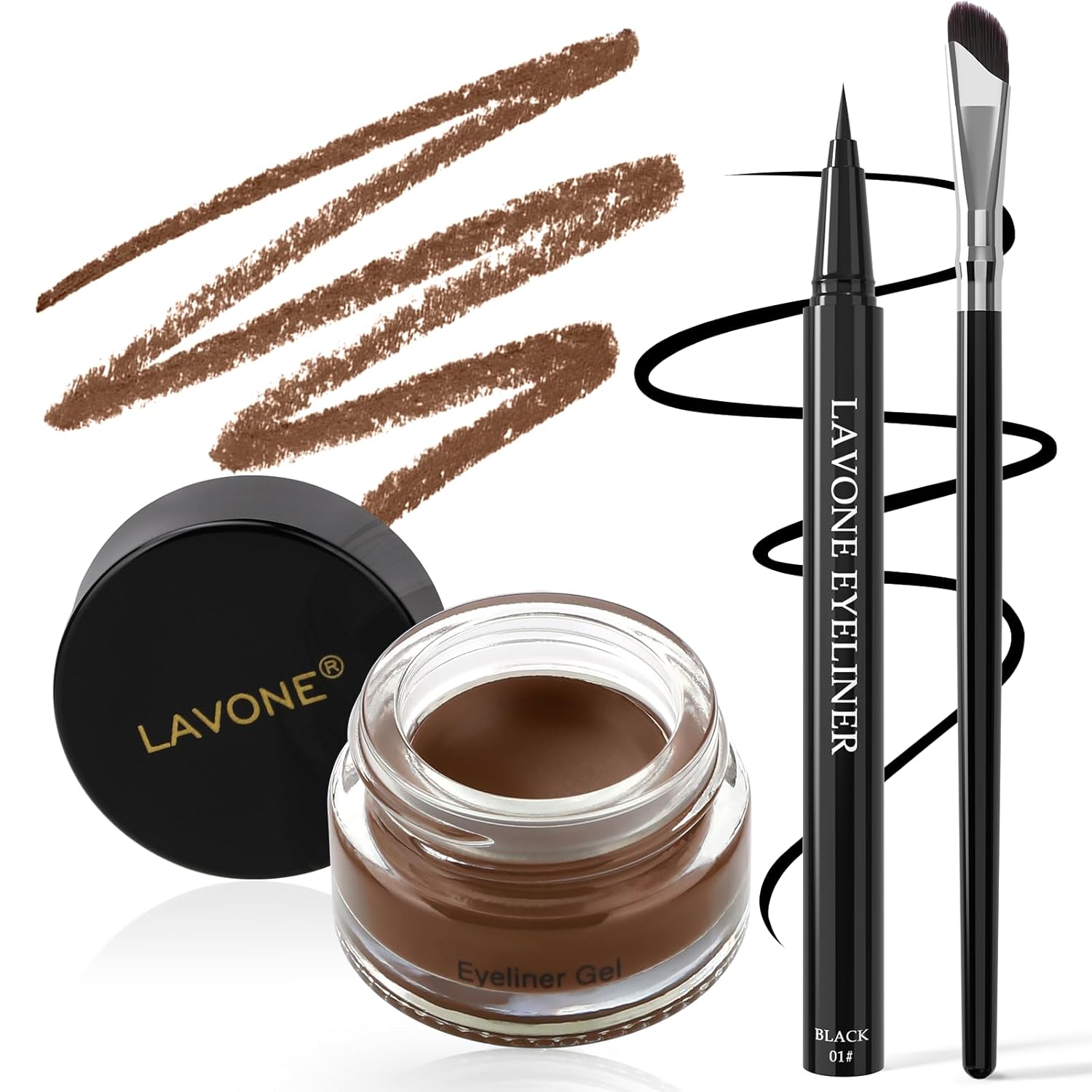 LAVONE Eyeliner Set – Waterproof Makeup Kit with Liquid Eye Liner Pencil, Gel Eyeliner and Angled Eye Liner Brush, Waterproof, Smudge Resistant, Long Lasting Formula – Soft Brown