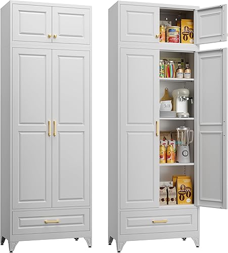 Miniatura 16 de Armario de almacenamiento de metal de 71 pulgadas de alto, armarios de almacenamiento de despensa de cocina con puertas y 4 estantes, armario de