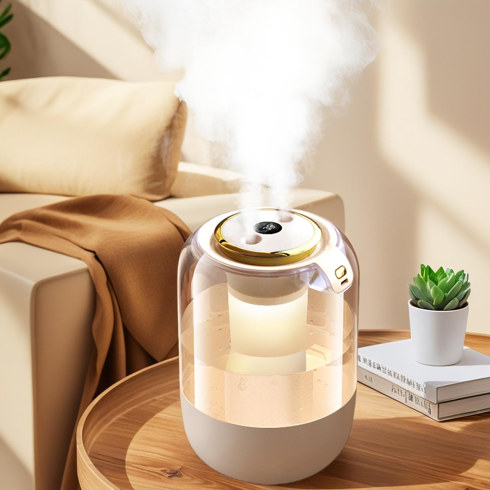 Humidificador de aire para dormitorio, humidificador silencioso de niebla fría de 2 litros para plantas, dormitorio, oficina, hogar, coche, humidificador personal con 3 modos de niebla y luz