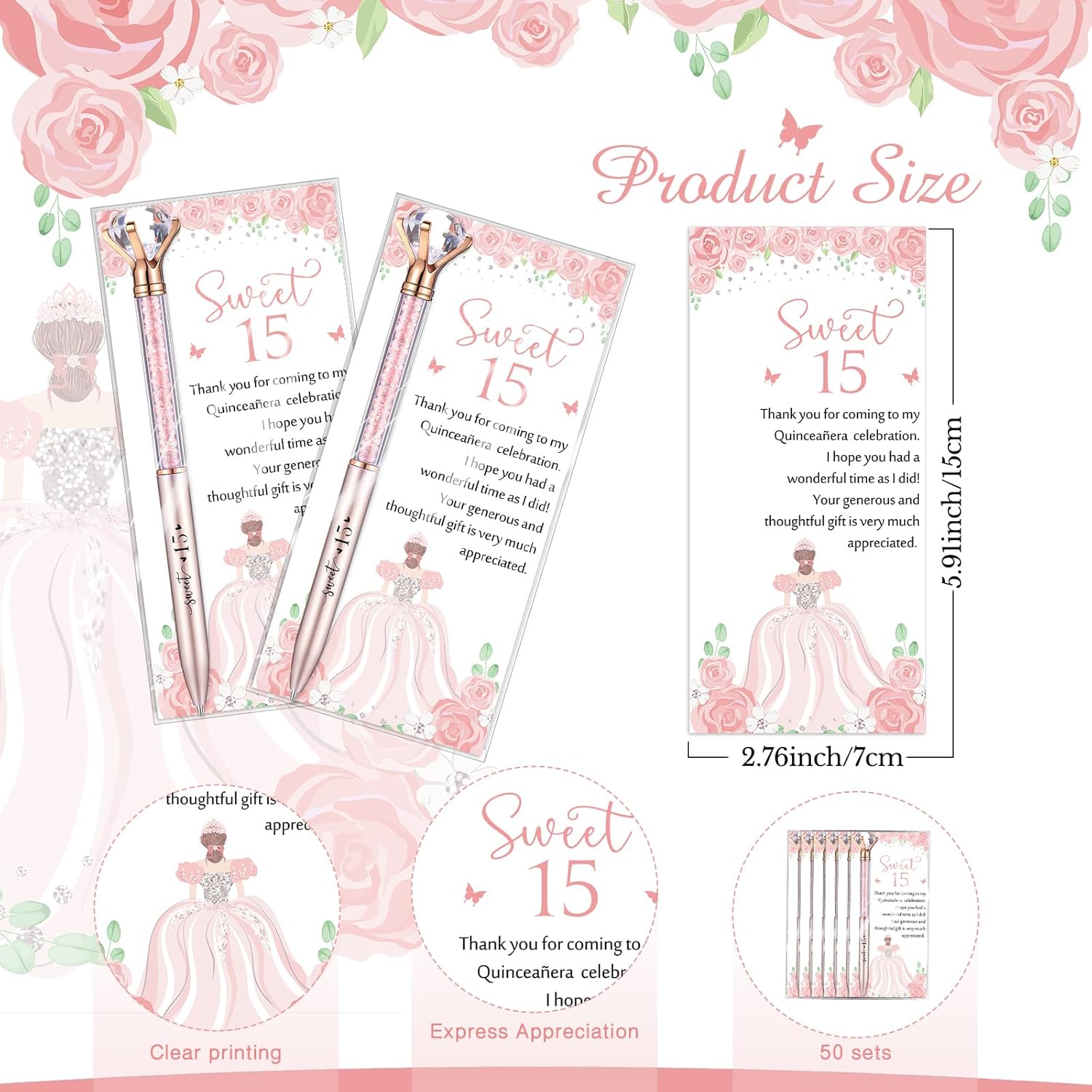 Sayglossy 50 Sets Quinceanera Party Favors Sweet 15th Thank You Gifts Diamond Pens with Thank You Cards Retractable Ballpoint Bling Pens 15 Birthday Gifts for Guests (Rose Gold)