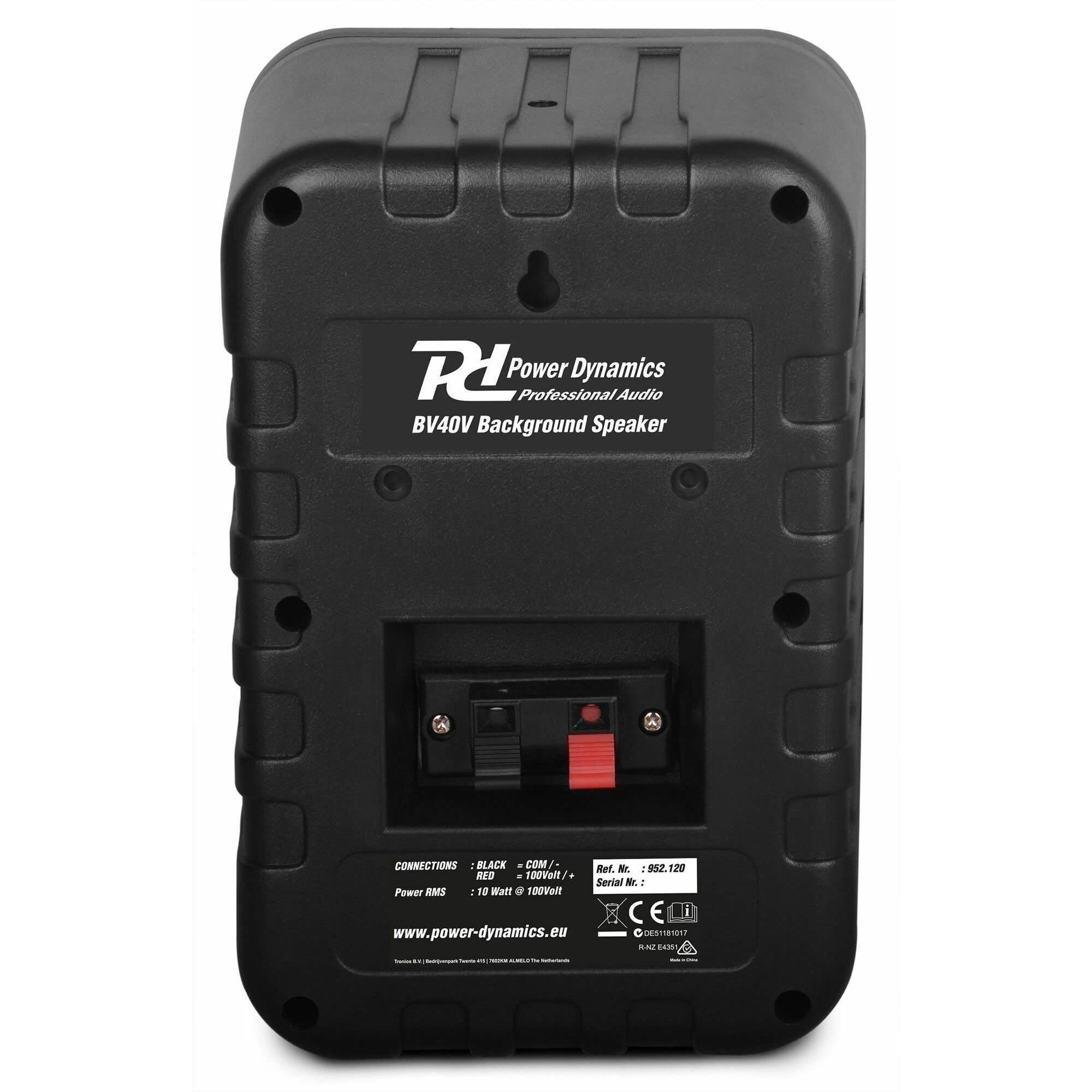 Power Dynamics BV40V - 2 Haut-Parleurs Noirs - 10 Watts, 4 Pouces, Étanches, Musique de Fond, Kit de Montage Fourni, 100 Volts, Public Address, Musique d'Ambiance, Sonorisation, Horizontal Vertical