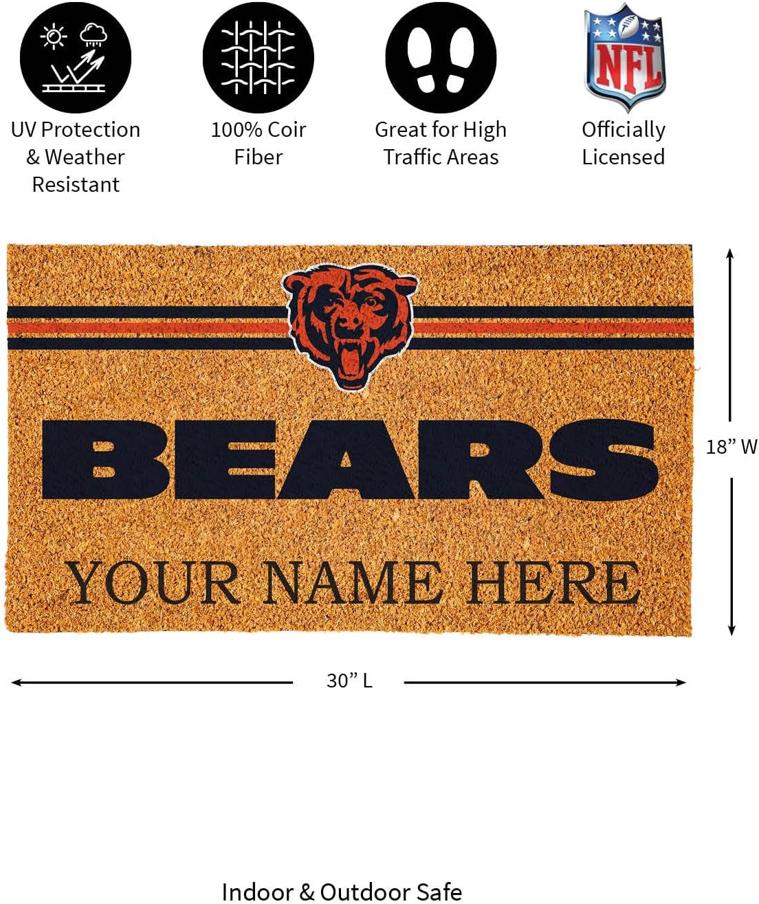 Team Sports America NFL Chicago Bears Personalized Coir Door Mat, 18 x 30 Inches Custom Name Doormat with Non Slip Back, Front Door Welcome Mats