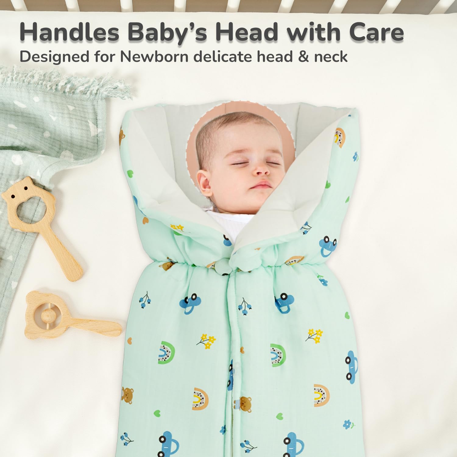 R for Rabbit Snuggy Bliss Baby Sleeping Bag Bedding Set | Premium 100% Muslin Cotton Carrying Nest for New Born Babies & Infant | Travel Friendly for 0-6 Months Baby Girl and Boy (Teddy Green) - Image 6 thumbnail