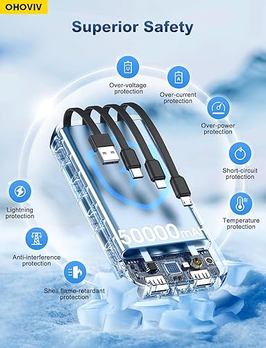 Miniatura 7 de Cargador portátil de batería de 50000 mAh, cargador de batería de carga rápida de 22.5 W con cables integrados, cargador de teléfono portátil USB-C