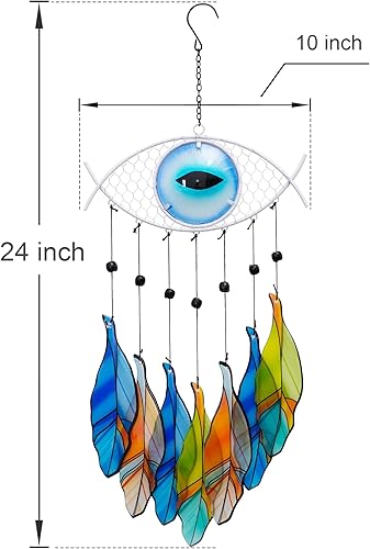 Miniatura 6 de Campanilla de viento de metal contra el mal de ojo, decoración artística de pared colorida de vidrio y metal espiritual para patio al aire libre,
