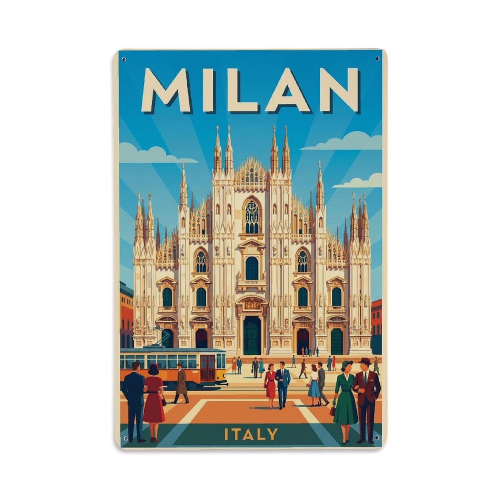 Olhnbad Style Historic Milan Italy Colorblock City Travel Metal Tin Sign