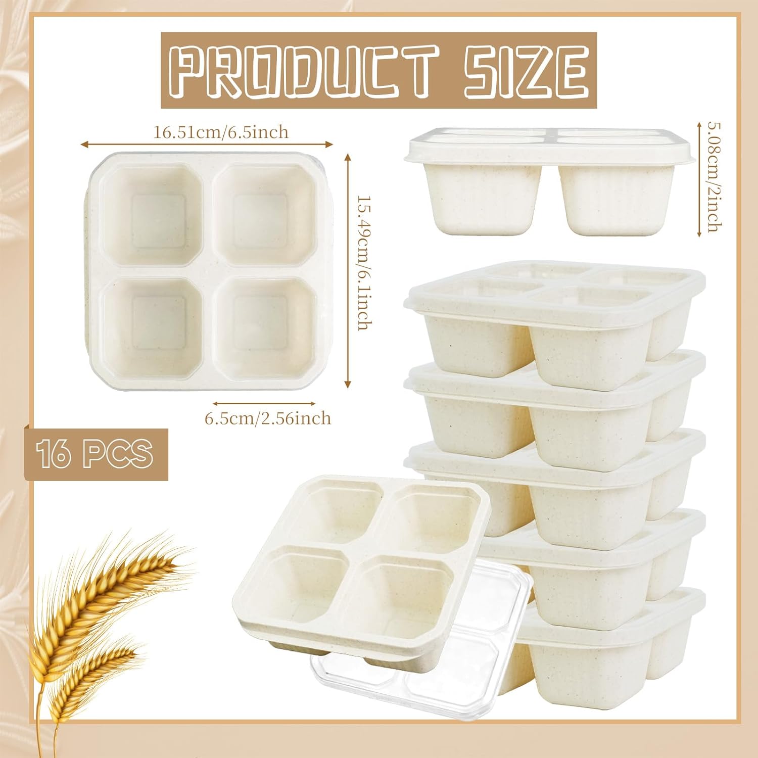 16 Pcs 4 Divided Compartments Snack Containers with Lid Reusable Bento Snack Box Wheat Straw Food Storage Containers for Lunch Meal Prep Adults Work Travel (Beige)