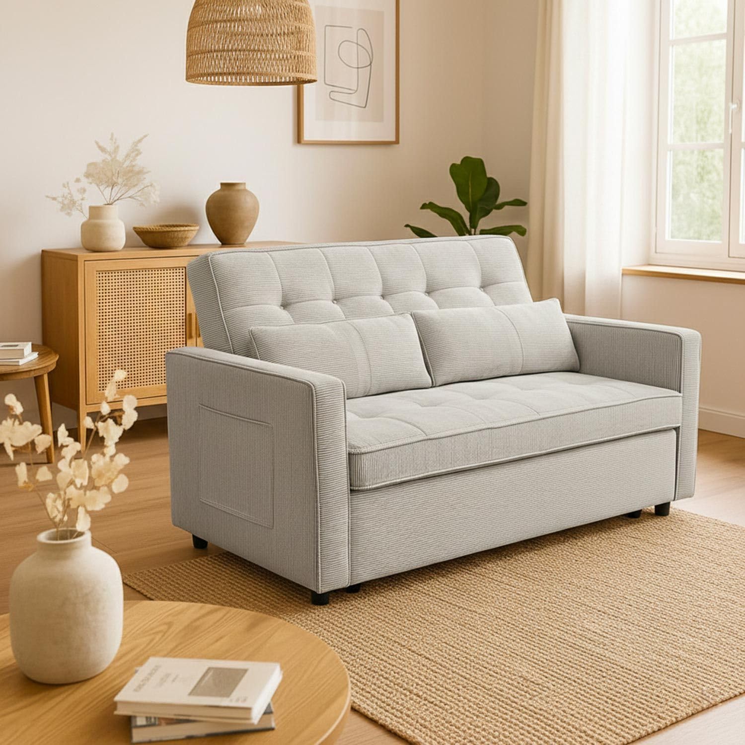Menzzo Canapé Convertible 2 Places KOMARIA en Velours côtelé Taupe Clair – Petit canapé lit Design Moderne et cocooning – Couchage d’appoint Compact pour Studio et Salon