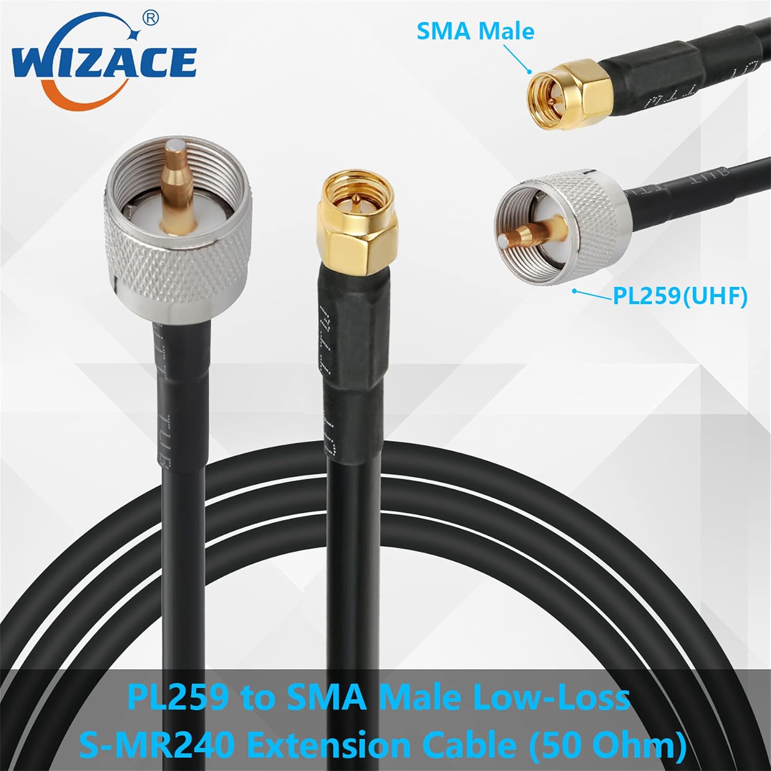 WIZACE 10 ft SMA Male to PL259 UHF S-MR240 Extension Cable (50 Ohm), Pure Copper Coaxial Cables for RF Applications,Antenna Analyzer,Handheld HAM & CB Radio,SWR Meter,Dummy Load