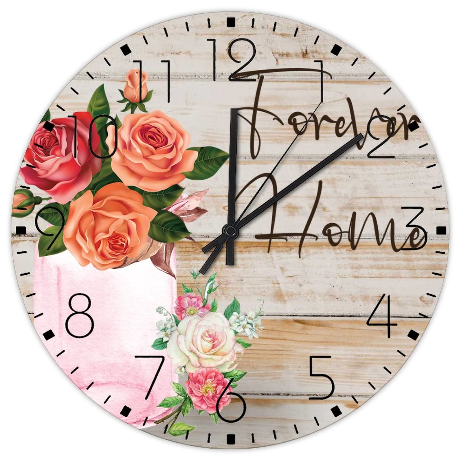 Horloge en bois de 30,5 cm avec fleurs abstraites au design artistique raffiné