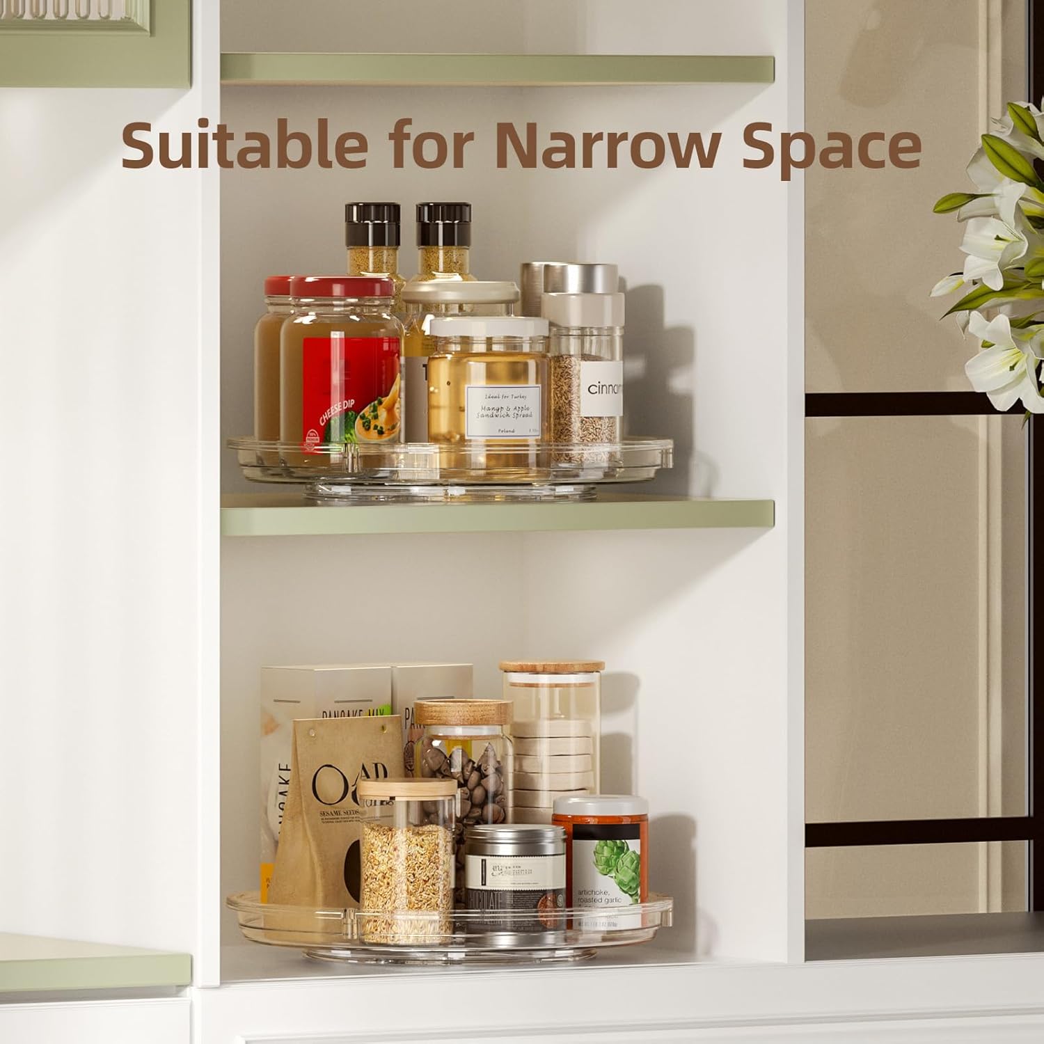 LAMU 10.2'' Wood Lazy Susan Turntable and 2 Pack Clear Lazy Susan Organizer