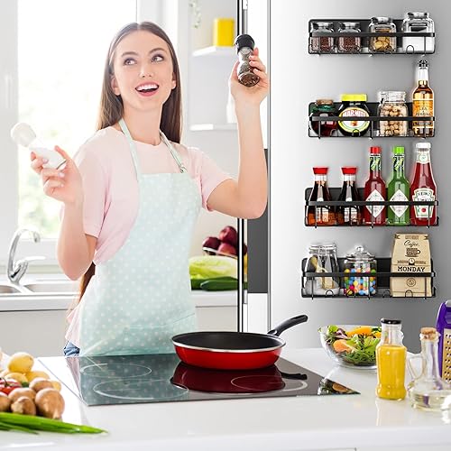Miniatura 5 de Estante magnético para especias para refrigerador, estante magnético con soporte para toallas de papel, estante de almacenamiento de condimentos