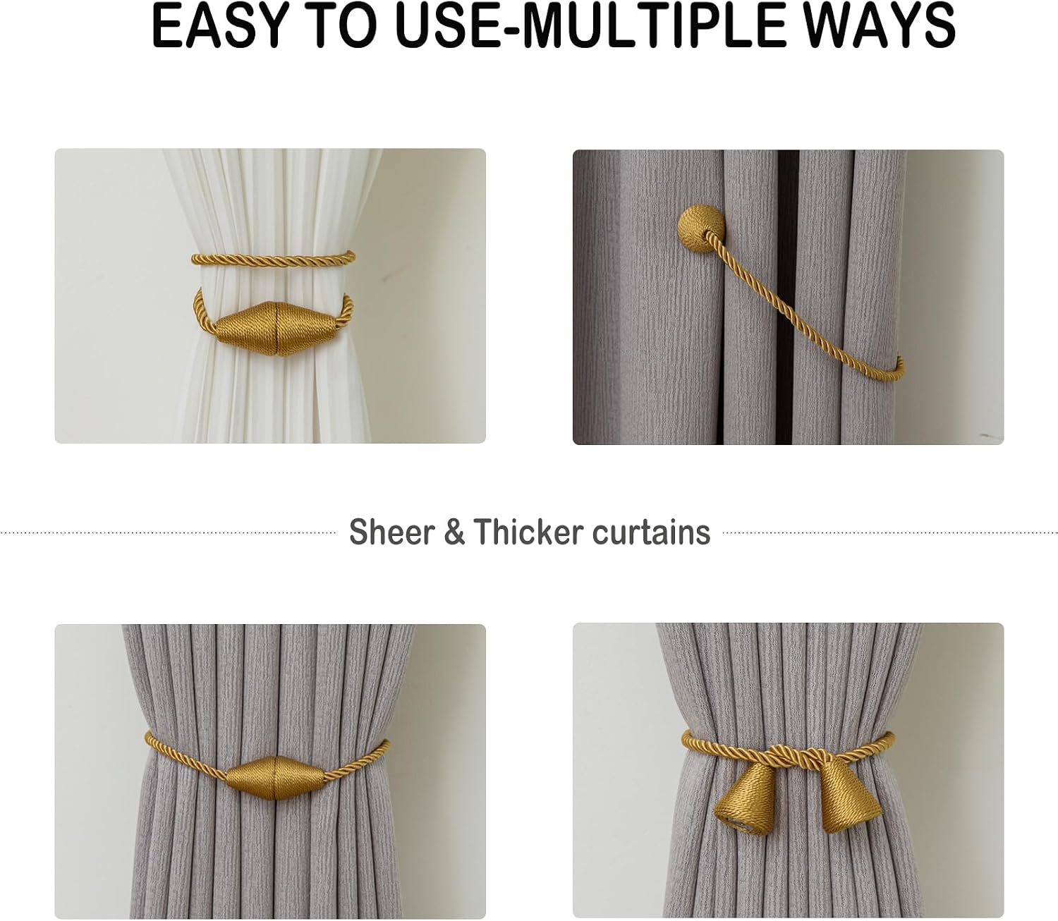 Magnetic Curtain Tiebacks 8 Pack Outdoor Rope Curtain Tie Backs Decorative Window Treatment Holdbacks for Home Decorative Curtain, Gold