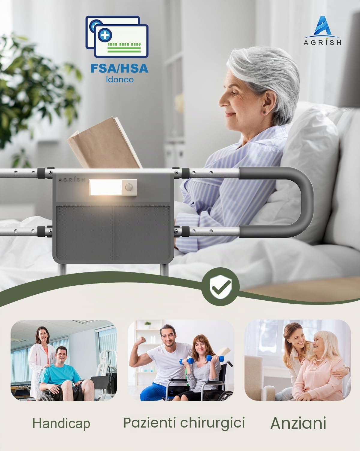 Agrish Sponda da Letto con Maniglia per Alzarsi e Luce LED | Regolabile, con tasca portaoggetti e adatta a letti matrimoniali e king size; ideale per anziani, convalescenti e disabili