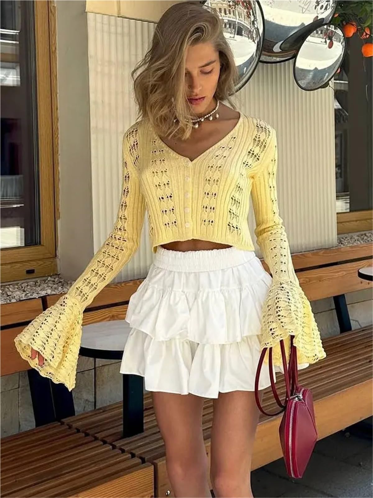 Cardigan Mujer Corta Suéter Calado con Cuello en V, Manga Larga, Transparente, de Verano, Punto y Patchwork