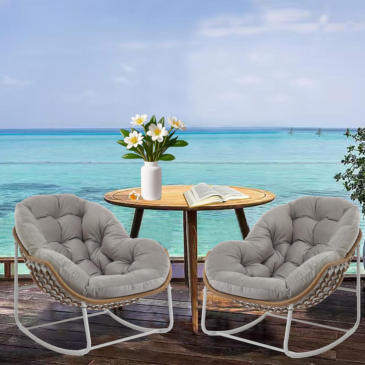 Oversized Outdoor Papasan Rocking Chair Set of 2 with Soft Cushion, Comfy Patio Egg Chair, Wicker Lounge Rocker for Balcony/Porch/Garden, Reinforced All Weather Rattan Frame, Light Grey