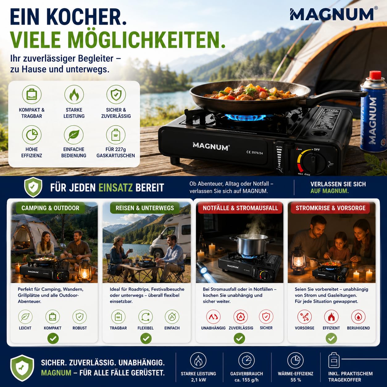 Magnum® Gaskocher [inkl. 16x Gaskartuschen] – Campingkocher [Notfall Ausrüstung ] – Gaskocher mit Kartusche - Campingkocher mit Gaskartusche (16 Kartuschen)