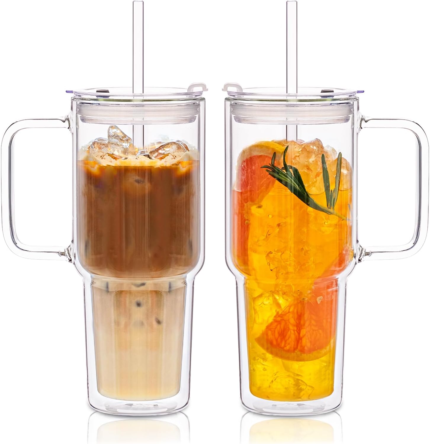 2 Pack 28oz Double Wall Glass Tumblers with Handle, Lids & Straws – Large Insulated Clear Borosilicate Glass Cups for Iced Coffee, Smoothies, Bubble Tea & Cold Beverages (2PCS Double-Wall Tumbler)