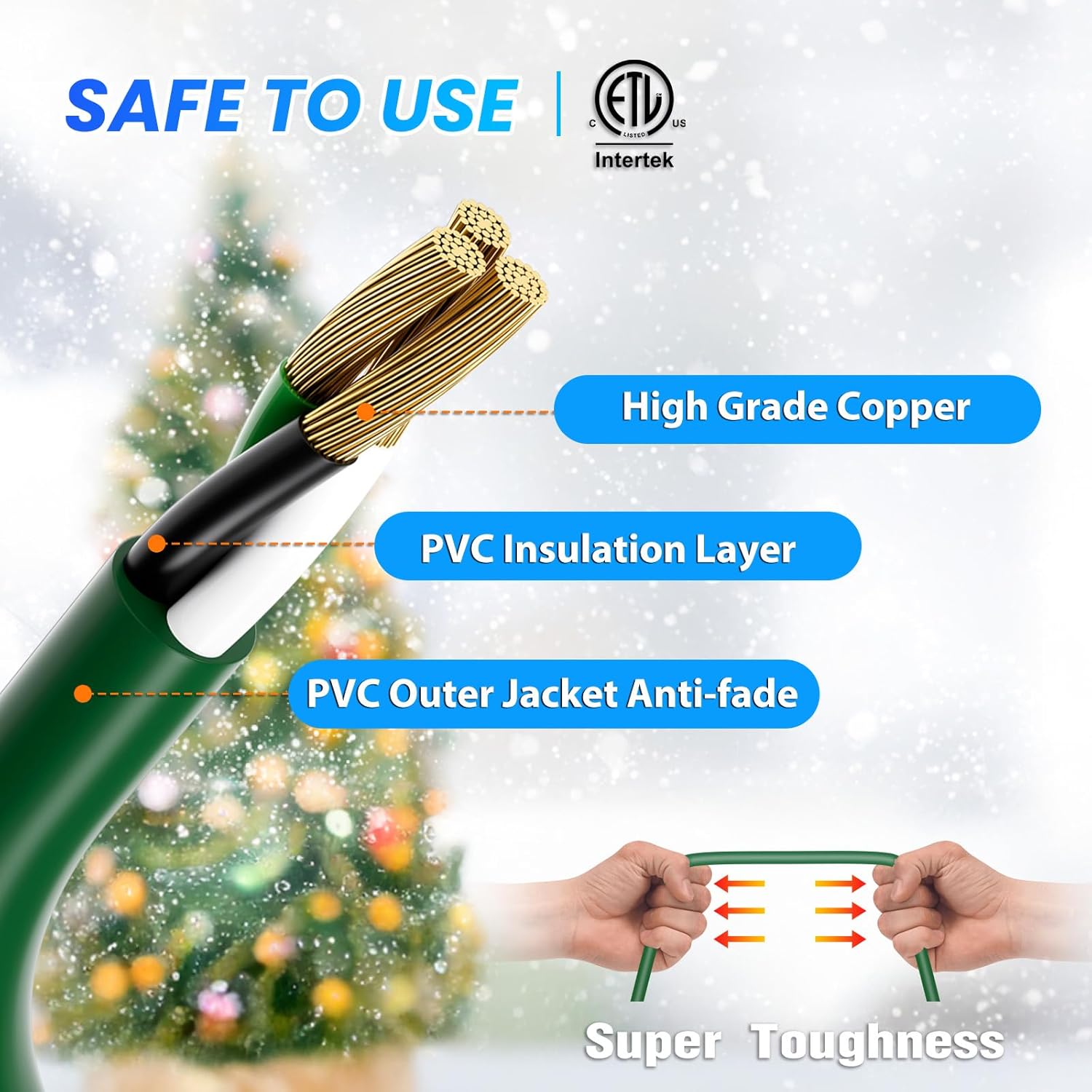 K KASONIC - 46FT Christmas Lights Outdoor Extension Cord with Mutil Outlets, ETL Listed Heavy Duty Electrical Cord with Protective Covers, Weatherproof Extension Cord for Outside, 16AWG/1625W, Green