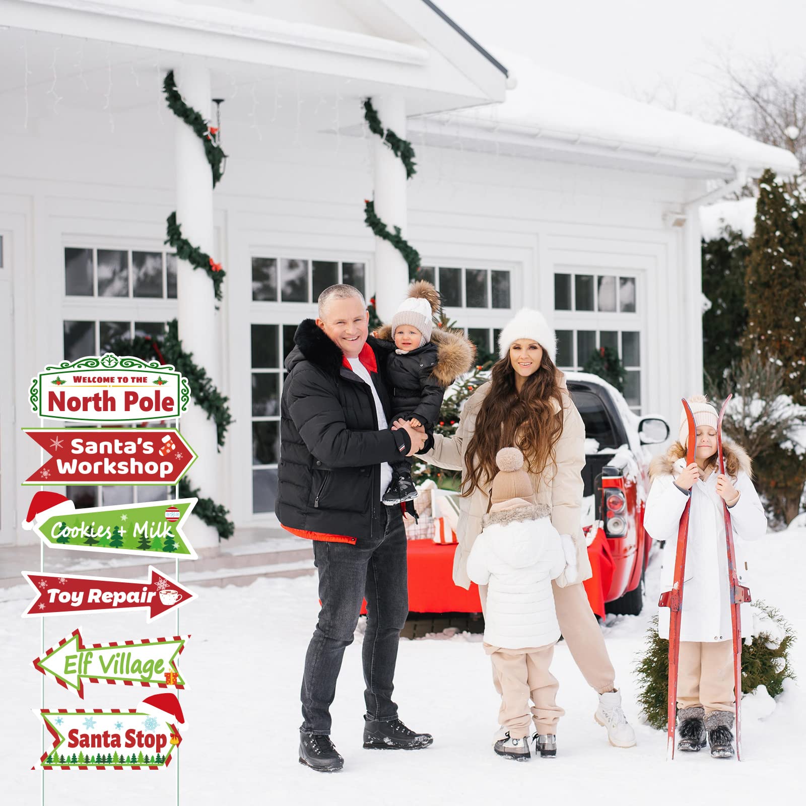 10 letreros de patio del Polo Norte, decoración al aire libre para Navidad, invierno, vacaciones, arte de Papá Noel, taller, patio, césped, letrero y «Let It Snow», con estacas para decoración del