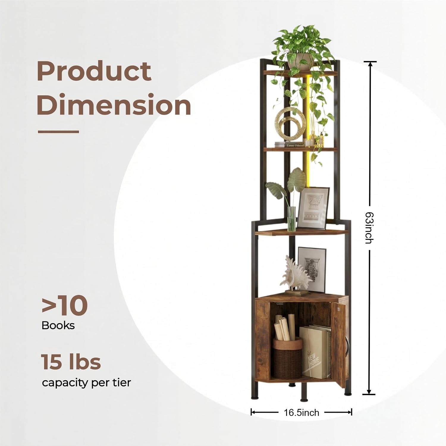 Corner Shelf Storage Organizer with LED Light for Small Space | Built-in Ambient LED Lighting, Rustic Brown Finish, Freestanding Modern Farmhouse Design, Space-Saving Build