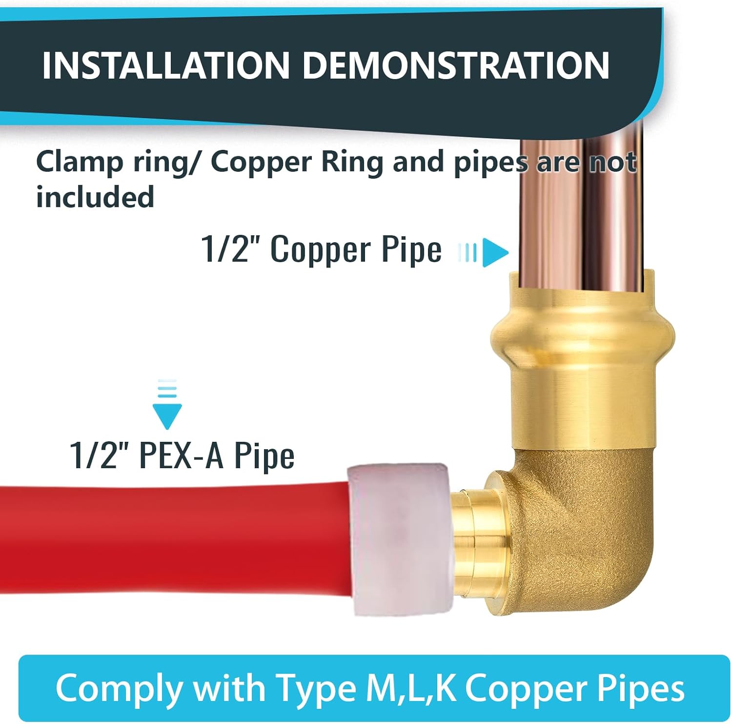(Pack of 10) Seelink 1/2"Copper Press x 1/2"PEX Expansion Elbow, Brass Construction Fitting for Copper and Pex-A Pipe Connectione(PRESS095)
