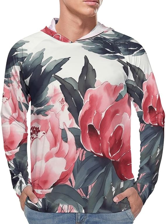 Men's Sun Protection Hoodie Shirts UPF 50+ Long Sleeve Rash Guard Peonies Spring Sun Shirt Outdoor